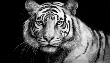 Charcoal drawing of a White Tiger, showcasing intricate details and textures typical of charcoal art. The piece emphasizes realistic fur and expressive features, set against a textured background.