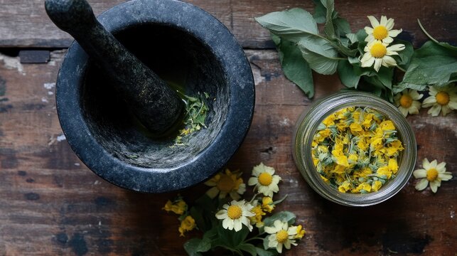 The process of creating Mullein ointment showcasing a mortar and pestle with crushed Mullein leaves and flowers along with the finished product in an open jar