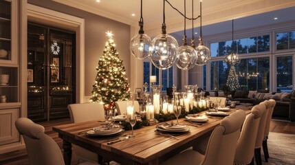 A large dining room with a Christmas tree in the corner