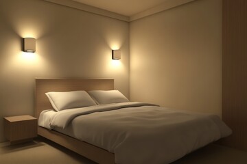 A serene minimalist bedroom featuring a comfortable bed, soft lighting, and modern design elements for a peaceful ambiance.