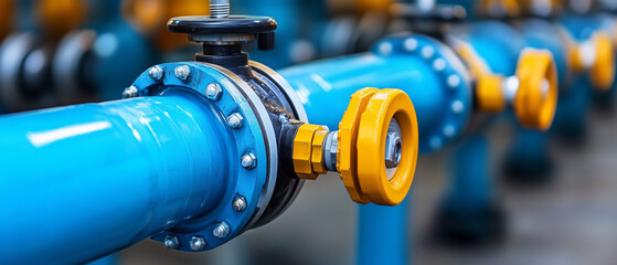 Fototapeta premium Blue Pipe Valve With Yellow Handle.
