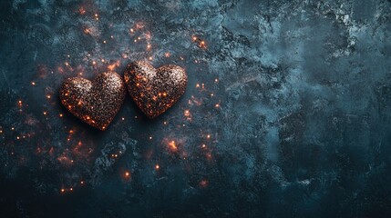 Fototapeta premium Valentine s Day backdrop featuring a pair of glimmering hearts on a dark surface viewed from above