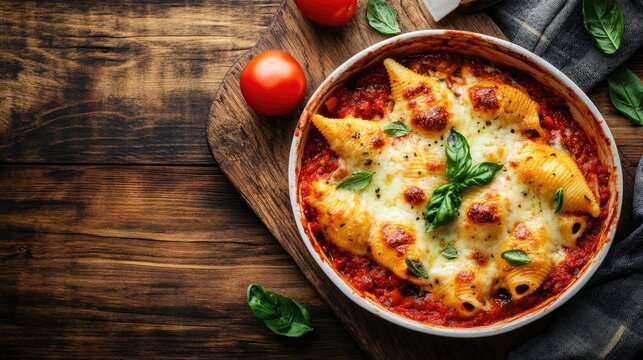 Stuffed Conchiglioni Rigati pasta featuring a trio of cheeses baked in tomato sauce Healthy food concept with ample copy space