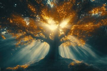 Majestic old tree with golden leaves illuminated by sunlight in a misty forest