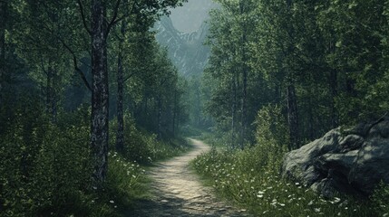 Obraz premium A tranquil pathway meanders through a forest of towering trees in the mountains
