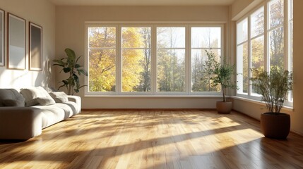 A large open living room with a couch, a potted plant, and a window. The room is bright and airy, with sunlight streaming in through the windows