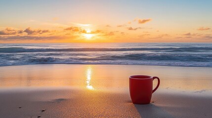Tranquil Beach at Sunrise with a Red Mug for a Serene Experience