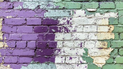 Fototapeta premium Part Of A Brick Wall With Old Paint Purple White Purple Green Close Up