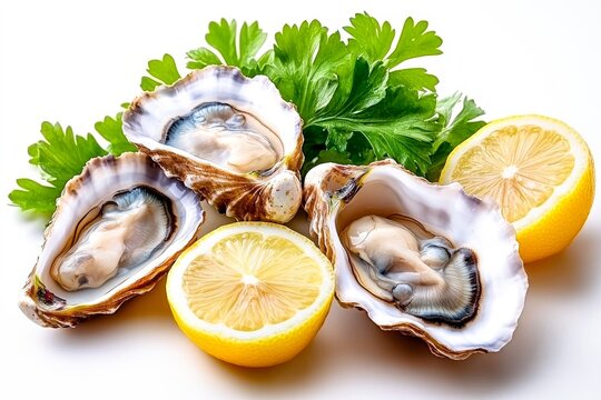  Tres ostras frescas con rodajas de lim&oacute;n y perejil sobre fondo blanco. Presentaci&oacute;n sencilla y atractiva de mariscos frescos.
