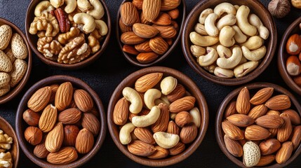 Assorted nuts in wooden bowls from an overhead perspective featuring walnuts cashews almonds pistachios pecans hazelnuts macadamias and peanuts A selection of healthy superfoods