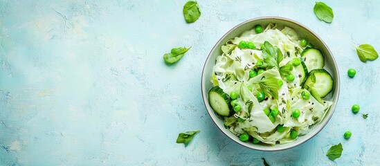 Obraz premium Salad With White Cabbage Green Peas Cucumber Herbs And Mayonnaise Sauce On A Light Blue Background Delicious Homemade Food