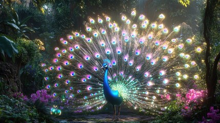 Mechanical peacock with LED feathers showcasing holographic visuals elegantly moving in a futuristic garden setting