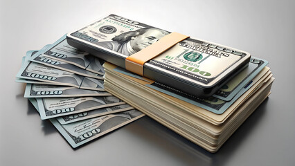 Naklejka premium Stacks of cash with hundred dollar bills, symbolizing wealth and finance