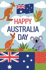 Kangaroos and koala celebrating australia day with flag and golden wattle