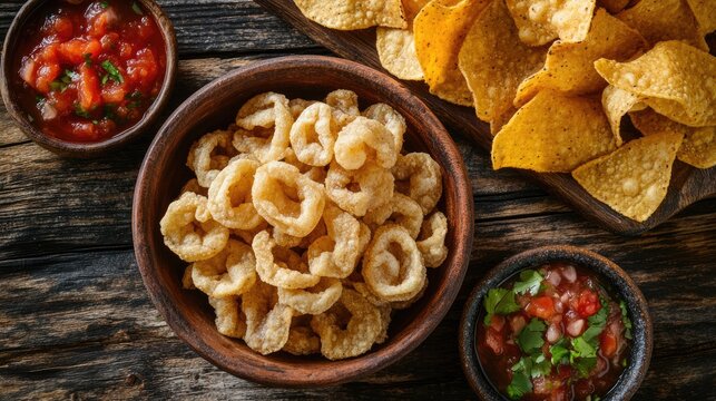 Pork rinds known as chicharron or chicharrones served alongside tortilla chips and salsa