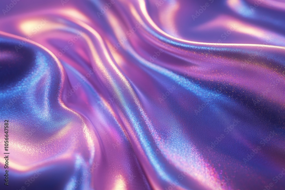 Poster holographic iridescent metallic fabric flowing in colorful waves