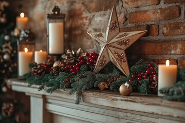 Christmas star illuminating festive fireplace mantle decor with burning candles