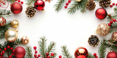 A festive Christmas border featuring red and gold ornaments, pine cones, and greenery on a white background, perfect for holiday designs.