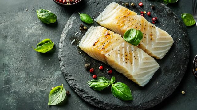 Fresh raw cod fillet with basil on a stone plate, horizontal, copy space, top view Video