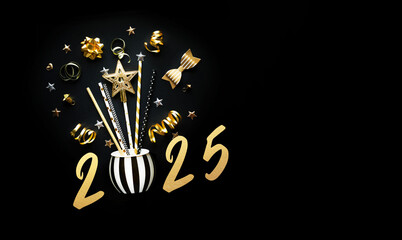 2025 Party and celebration with golden prop and ornament on dark color background.