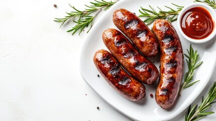 Grilled succulent sausages on a white platter garnished with rosemary and condiments captured from above offering space for text