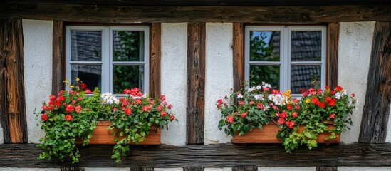 Two Windows In Renovated Half Timbered House With Flowers In Flower Box