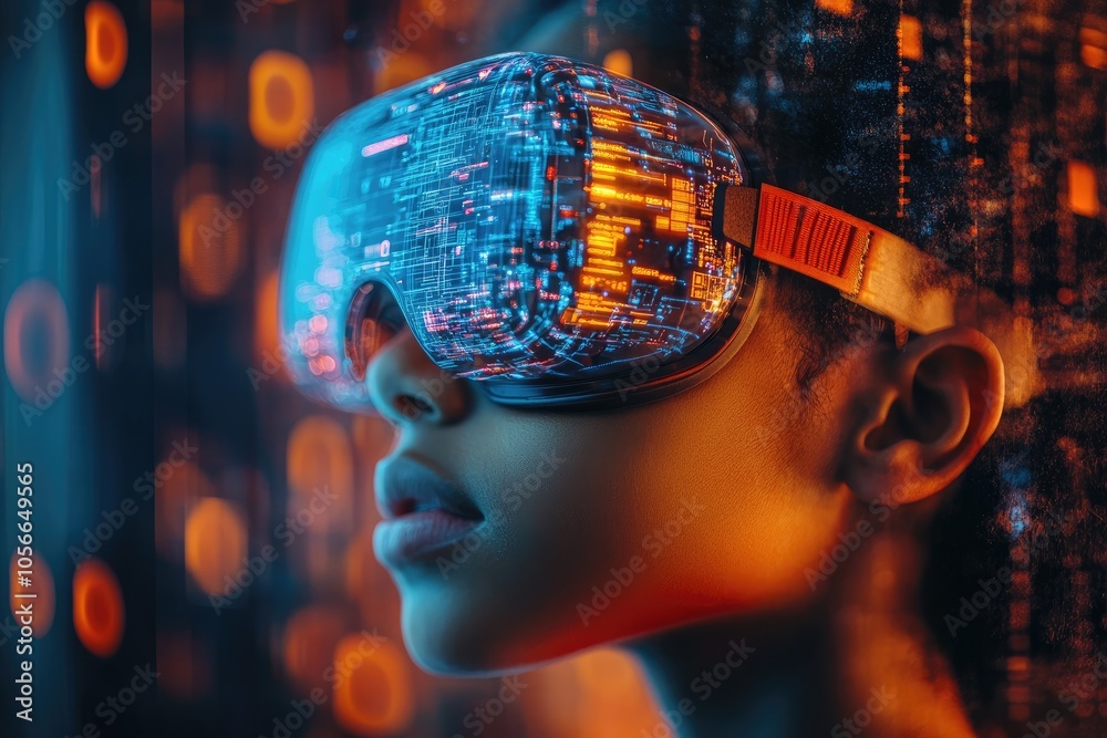 Poster Software developer wearing vr headset exploring virtual reality in futuristic server room