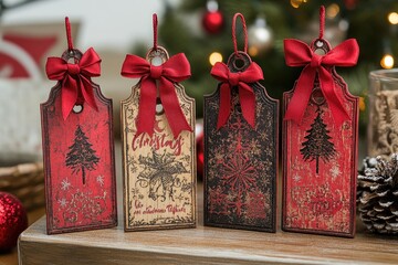 Christmas gift tags decorated with red ribbon bows and festive designs