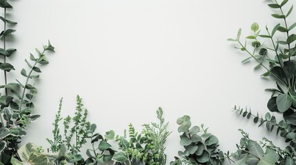 Obraz premium A minimalist background featuring various eucalyptus and green plants against a white wall, perfect for natural and eco-friendly themes.