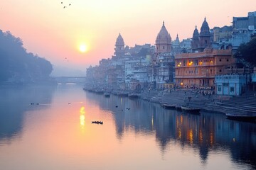 Obraz premium Sunrise illuminating ganges river and varanasi ghats in india