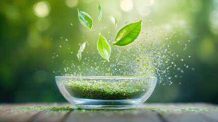 Medical and Wellness Advertisement Featuring Hologram of Green Tea Extract for Metabolism, Antioxidant Protection, and Weight Management