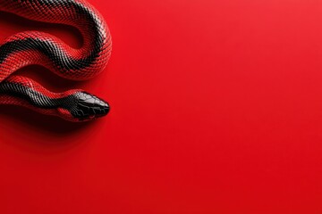 Fototapeta premium Red and black snake slithering on red background