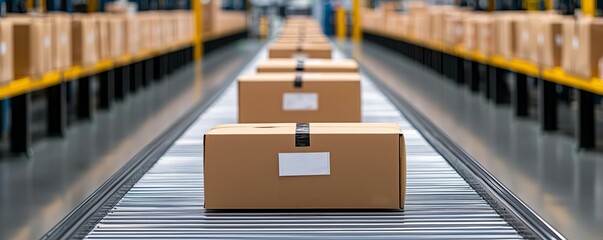 A row of cardboard boxes moving along a conveyor belt in a modern warehouse, symbolizing efficient storage and distribution processes.