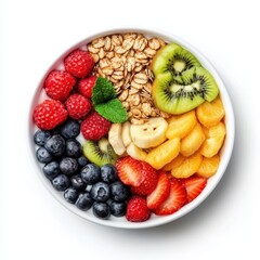 Colorful fruit bowl with oats, vibrant berries, and fresh kiwi, isolated on white background. flexitarian food concept