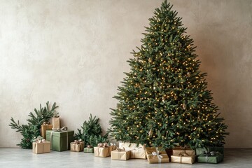 Beautifully Decorated Christmas Tree Surrounded by Colorful Presents, Set Against a Warm Beige Wall with Soft, Inviting Lighting.