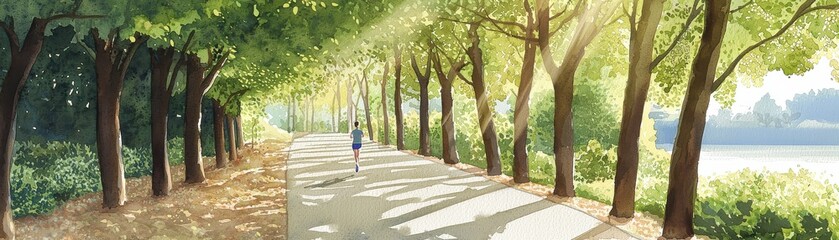 Fototapeta premium Person jogging on a scenic path lined with trees and sunlight.