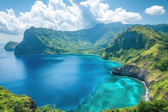 Stunning tropical bay showing pristine turquoise water and lush green mountains in american samoa