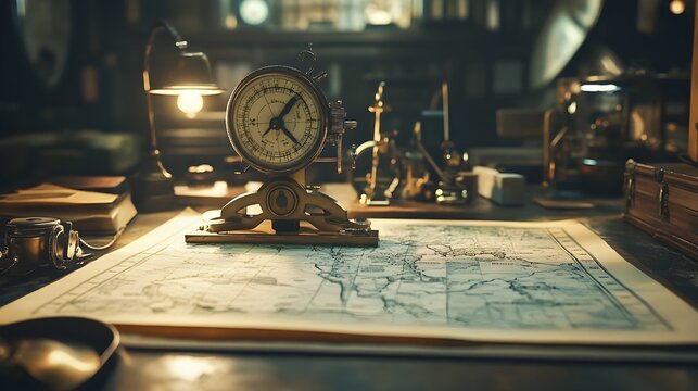 Intricate Analog Planimeter Measuring Map Areas in Dimly Lit Vintage Setting