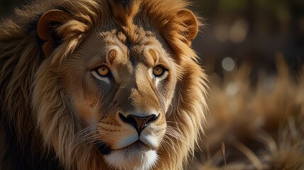 a lion, its sharp golden eyes and long mane catch the eye. The warm golden light illuminates the lion's face, highlighting its intricate details and strong features.