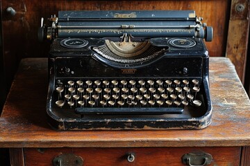 Old typewriter standing on wooden desk evokes nostalgia and history