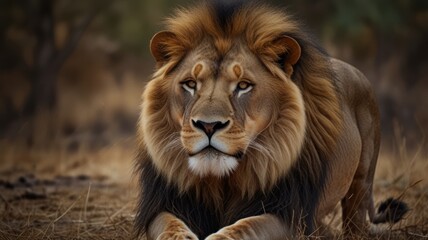 Fototapeta premium a lion, its sharp golden eyes and long mane catch the eye. The warm golden light illuminates the lion's face, highlighting its intricate details and strong features.