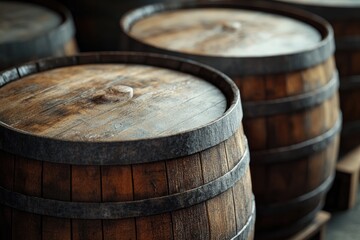 Fototapeta premium Winemaker aging wine in oak barrels in cellar