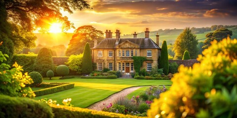 Obraz premium The classic English manor, enveloped in a magical bokeh, whispers of serenity.