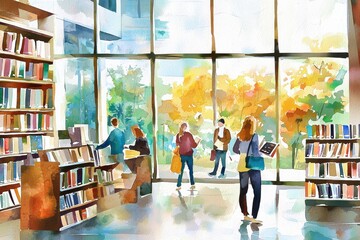 Vibrant library scene with people engaged in reading and exploring books.