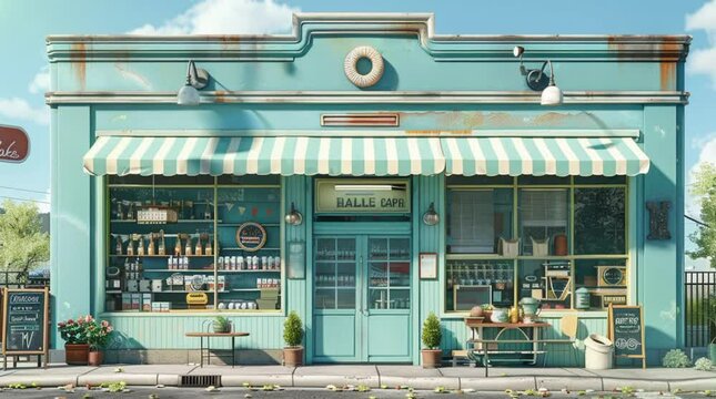 Storefront in vintage, grocery store and cafe