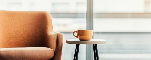 Cozy living space featuring an orange chair and a cup of coffee on a table near a large window, creating a warm and inviting atmosphere.