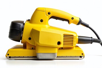 Fototapeta premium The stark outline of a yellow belt sander, vividly isolated on a white background.