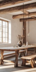Cozy rustic dining room featuring wooden furniture, natural light, and minimalist decor, creating a warm and inviting atmosphere.