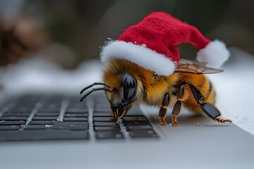 Close up of a funny honey bee working wearing a Christmas hat