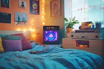 Nostalgic 90s Themed Bedroom with Eclectic Mix of Gadgets and Cozy Decor